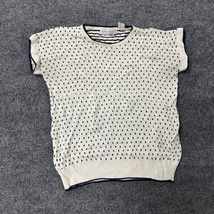 Inner Visions Top Womens Size L Cream Navy Polka Dot Knit Short Sleeve Retro